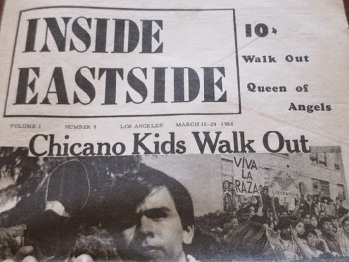 Cover of Inside Outside, a Chicano newspaper, detailing school walk outs. (JSTOR)