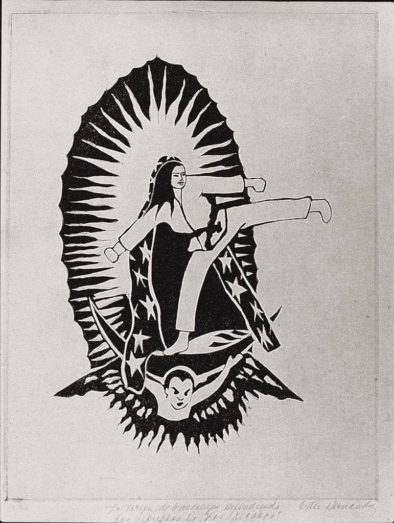 Ester Hernandez, La Virgen de Guadalupe Defendiendo los Derechos de los Xicanos, 1976 (JSTOR)